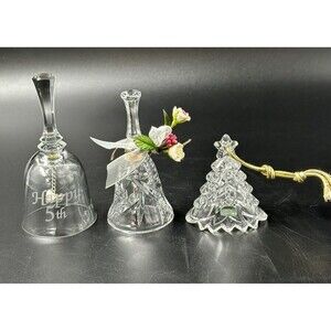 Lot of 3 Glass and Crystal Bells Mikasa Christmas Tree Bell Happy 5th Bell